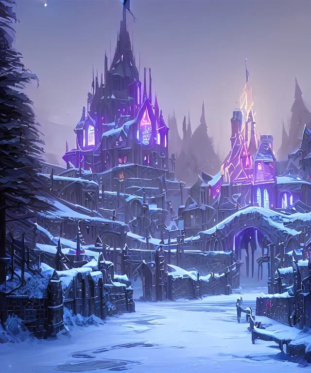 A magical snowy warlock castle with river canals and a large Christmas tree