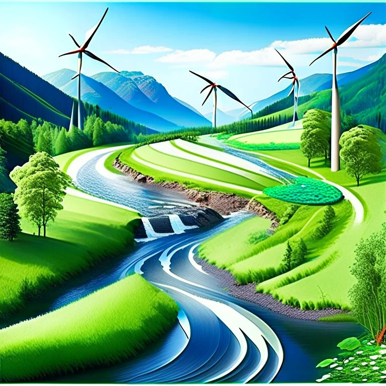 Generate an image of a tranquil nature scene, with a meandering river flowing through lush forests and rolling hills. Showcase elements of renewable energy, such as wind turbines or solar panels, discreetly integrated into the landscape, symbolizing the harmony between creativity and sustainability in a natural environment.