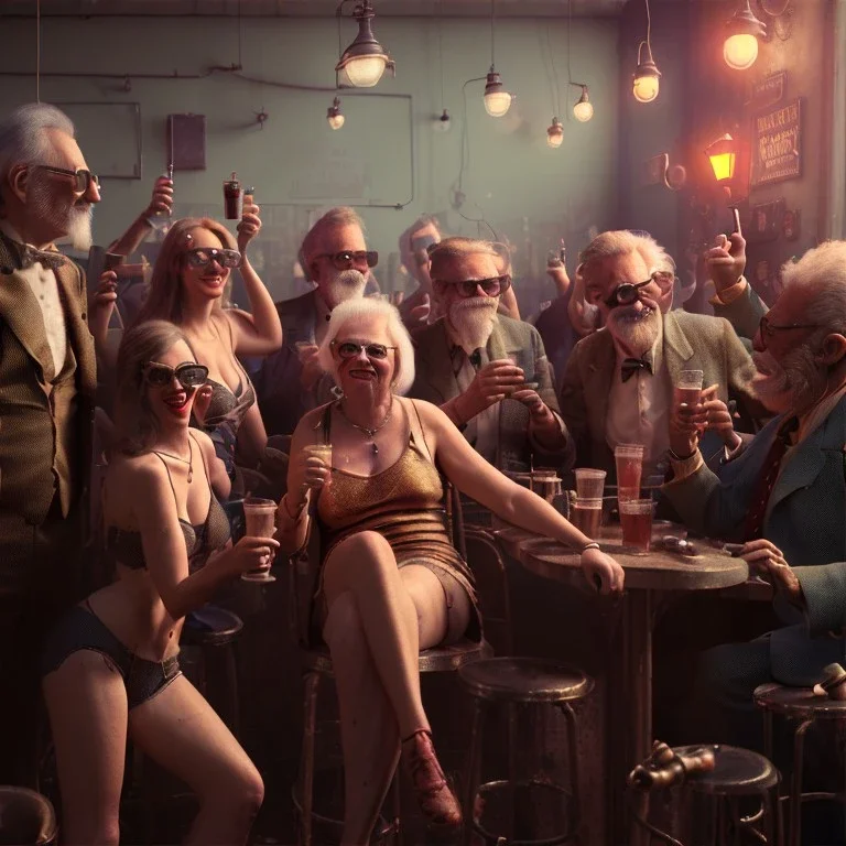 Realistic photo, American shot view, old man, cabaret scene, steampunk. Women, Drunken, Sunglasses, smoking, happy, hot. Many people background, highly detailed, concept art, unreal engine 5, ray tracing, RTX, lumen lighting, ultra detail, volumetric lighting, 3d, finely drawn, high definition, high resolution.