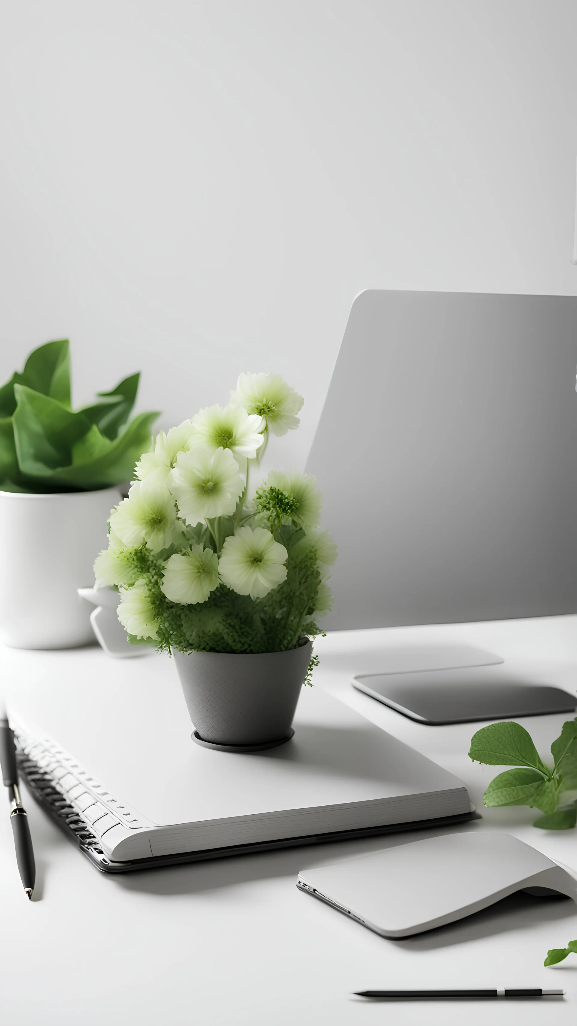 workplace, grey PC notebook with team call, glass cup club of tea, backgroud white wall and green flower