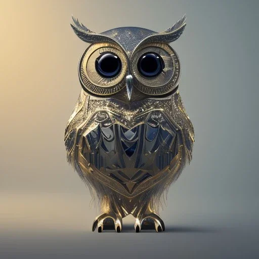 Owl,full body shining gold metal, elegant, bokeh, volumetric lighting, extreme detail, Photorealism, High detail, Hyper macro lens blur, 100mm, cinema4d, HDR, 8k, unreal engine 5