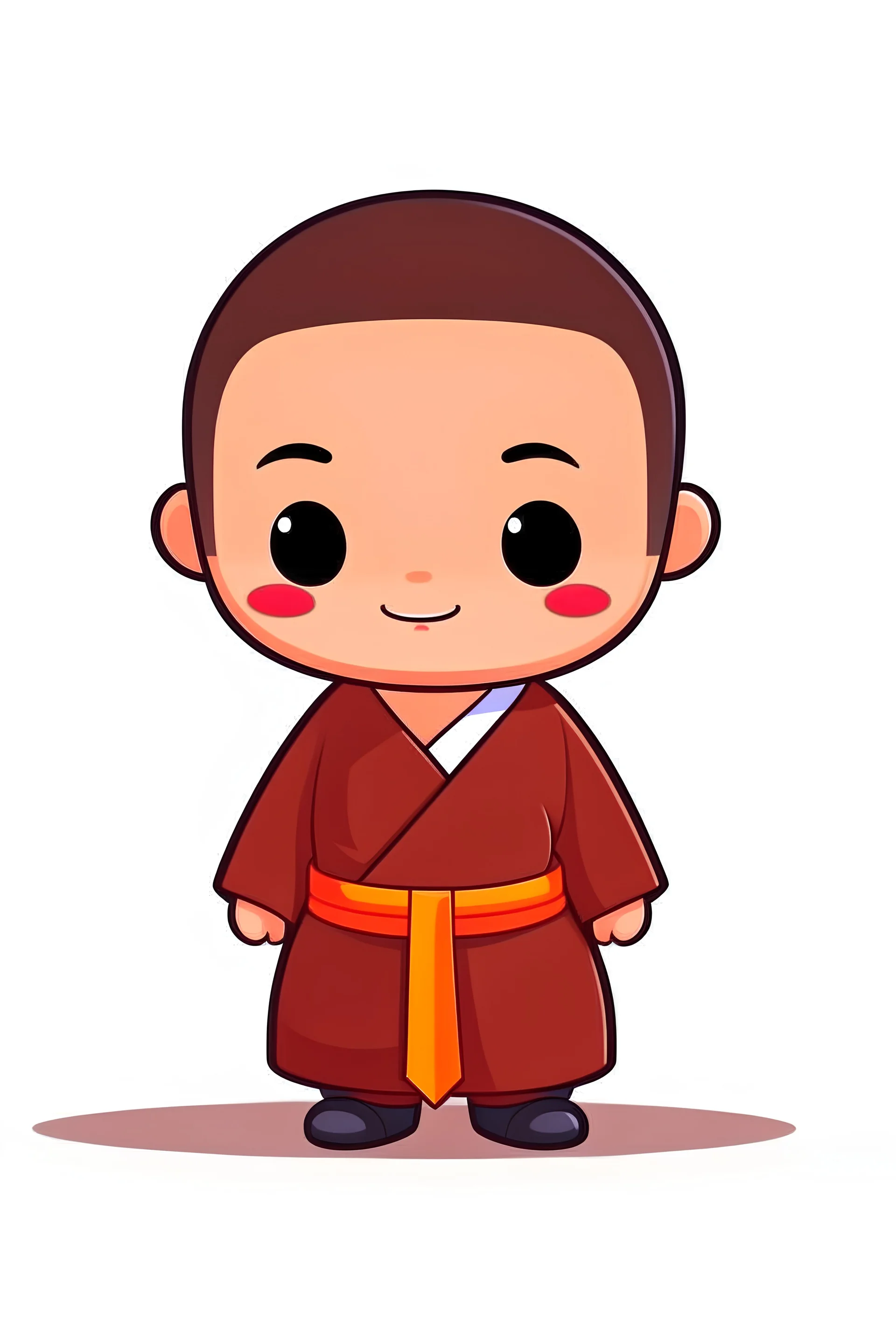 super cute Buddhist monk standing, super little cute face, furry, black haired, adorable and clear eye