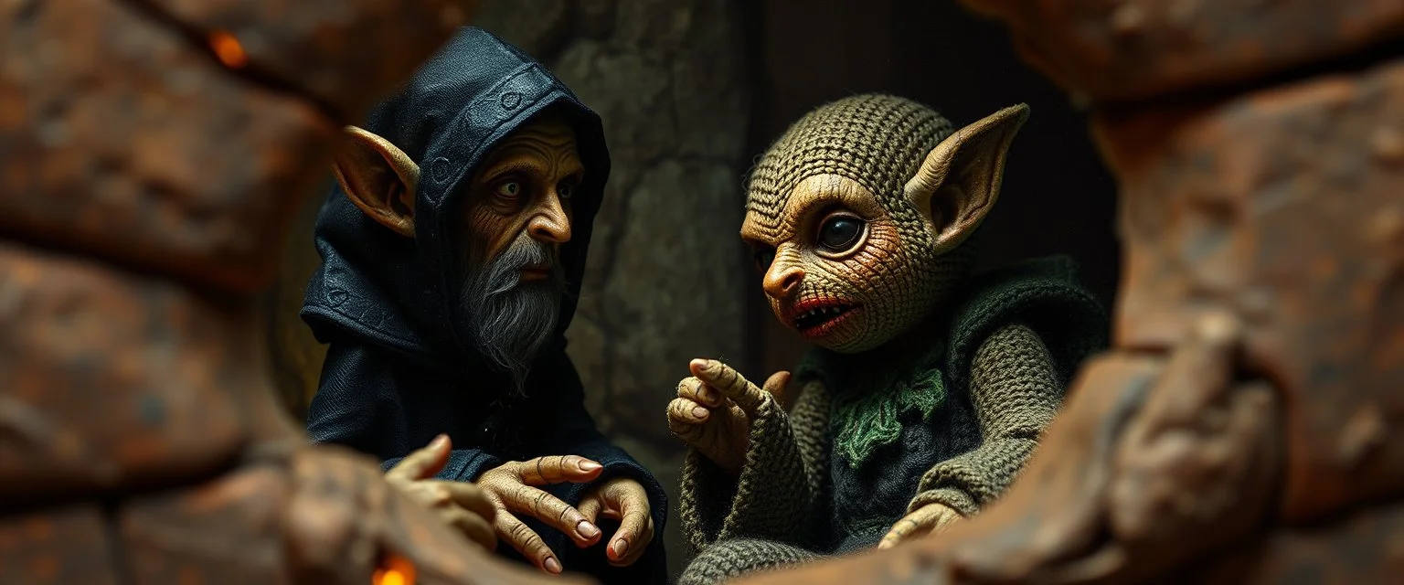 pin hole picture, miniatures on fake scene,master oil painting by Rembrandt, good afternoon bitch scary dark elf character aged matron malice talking to dark elf half spider priests of Menzoberranzan, close up portrait of a cunning knitted doll trying to explain something weird, they all have strange multi colored magical auras