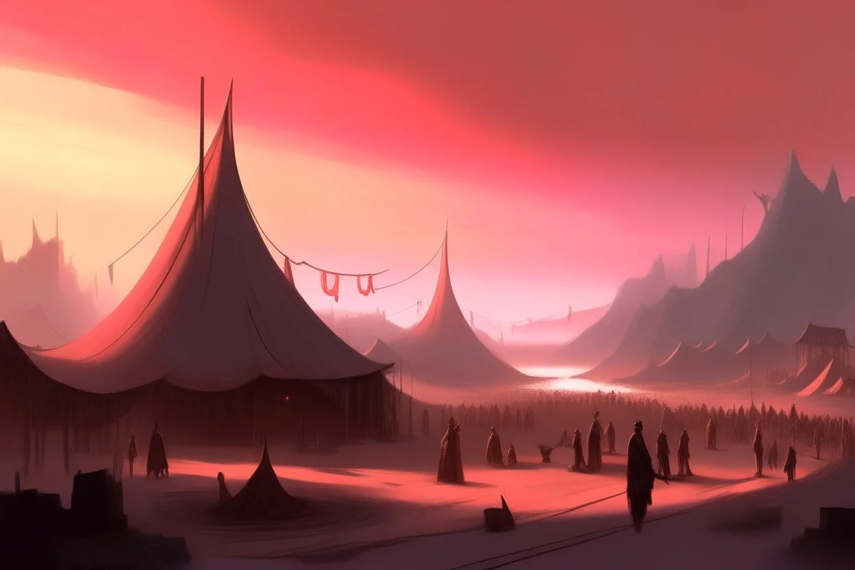 painting, landscape, artistic, illustration, artstation, black desert, black sand, bleak, pale red sky, large bustling camp, tall iron tower standing in the middletigtly packed leather tents, vereshagin style