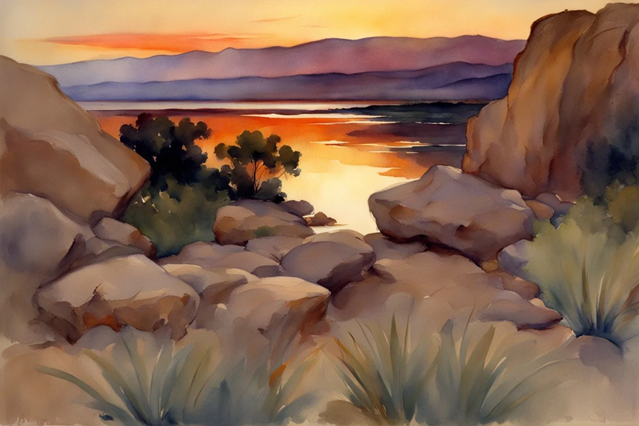 Sunset, rocks, mountains, rocky land, epic, john singer sargent watercolor paintings