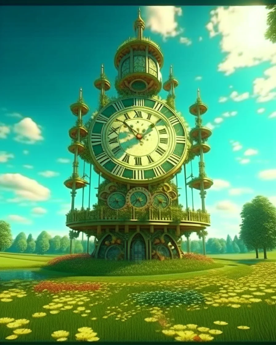 Create a 3d fractal base huge clock on a beautiful tower in a modern town with country houses and green field flowers , with see throgh golden gears rotating , showcasing a harmonious and synchronized movement. fast time passing in a beautiful nature environment