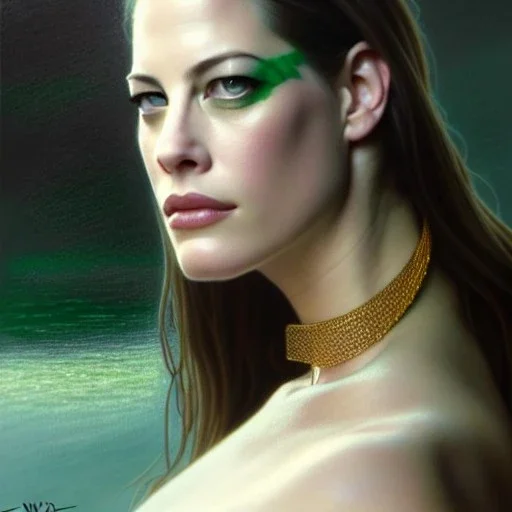 Epic Drawing of a Photorealistic dramatic hyperrealistic Liv Tyler,Crystal green eyes , elegant, with emerarld necklace, by WLOP, Artgerm ,Greg Rutkowski, Alphonse Mucha, Sandro Boticcelli, Gustav Klimt ,Beautiful ,busty, dynamic,shadows,Artstation,concept design art,Octane render,8K