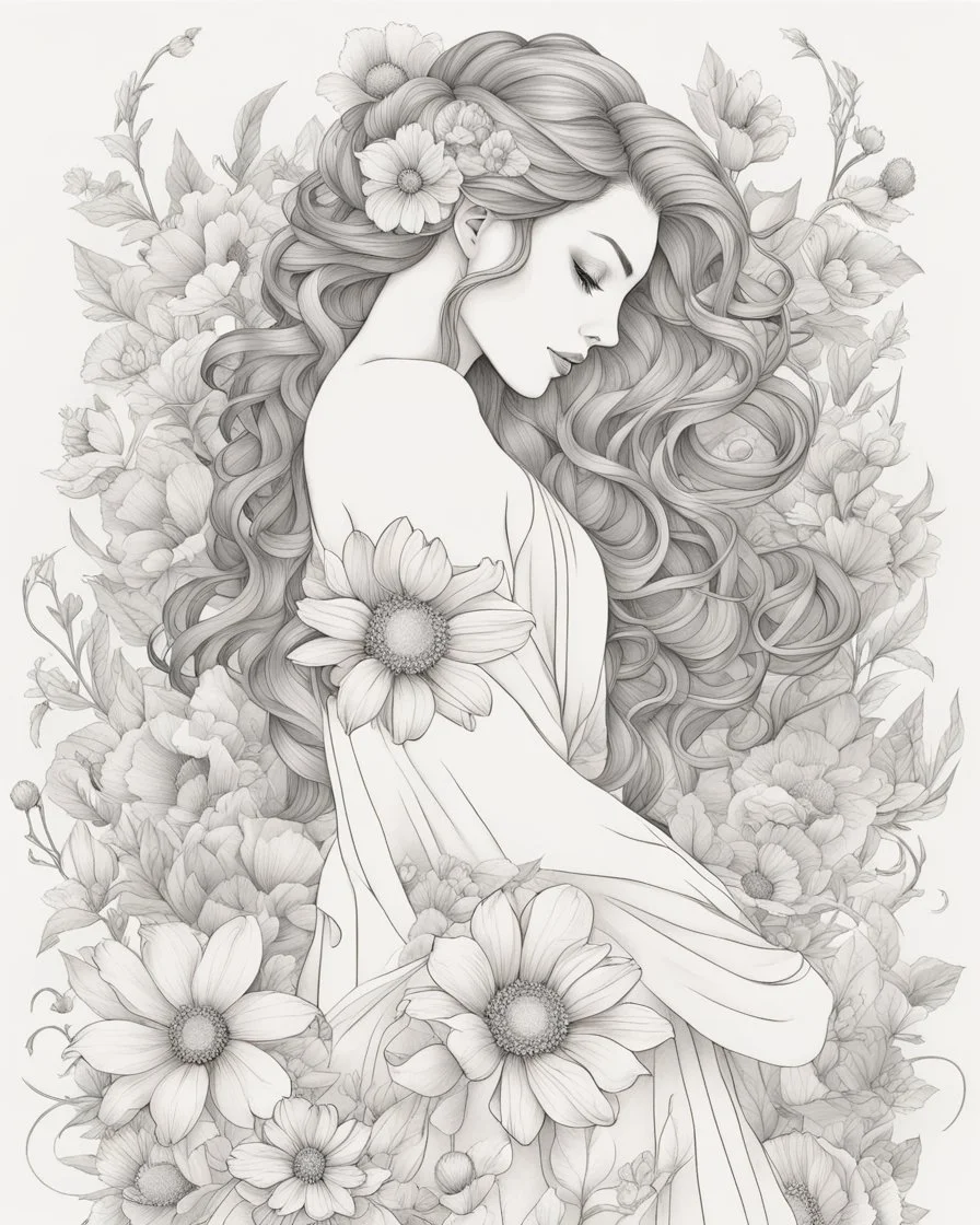 Line art: beautiful, mesmerized drawing skatche full body girl in her hair nice flowers and in a beautiful flowering dress :: flower tatoos, freedom of expression. " line art style