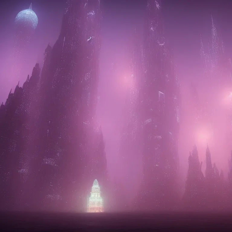 ALIENS FLOATING, MAGIC BUILDING, FOGGY NIGHT, GLOWING, PURPLE, TOWERS, 4K, 8K, CINEMATIC