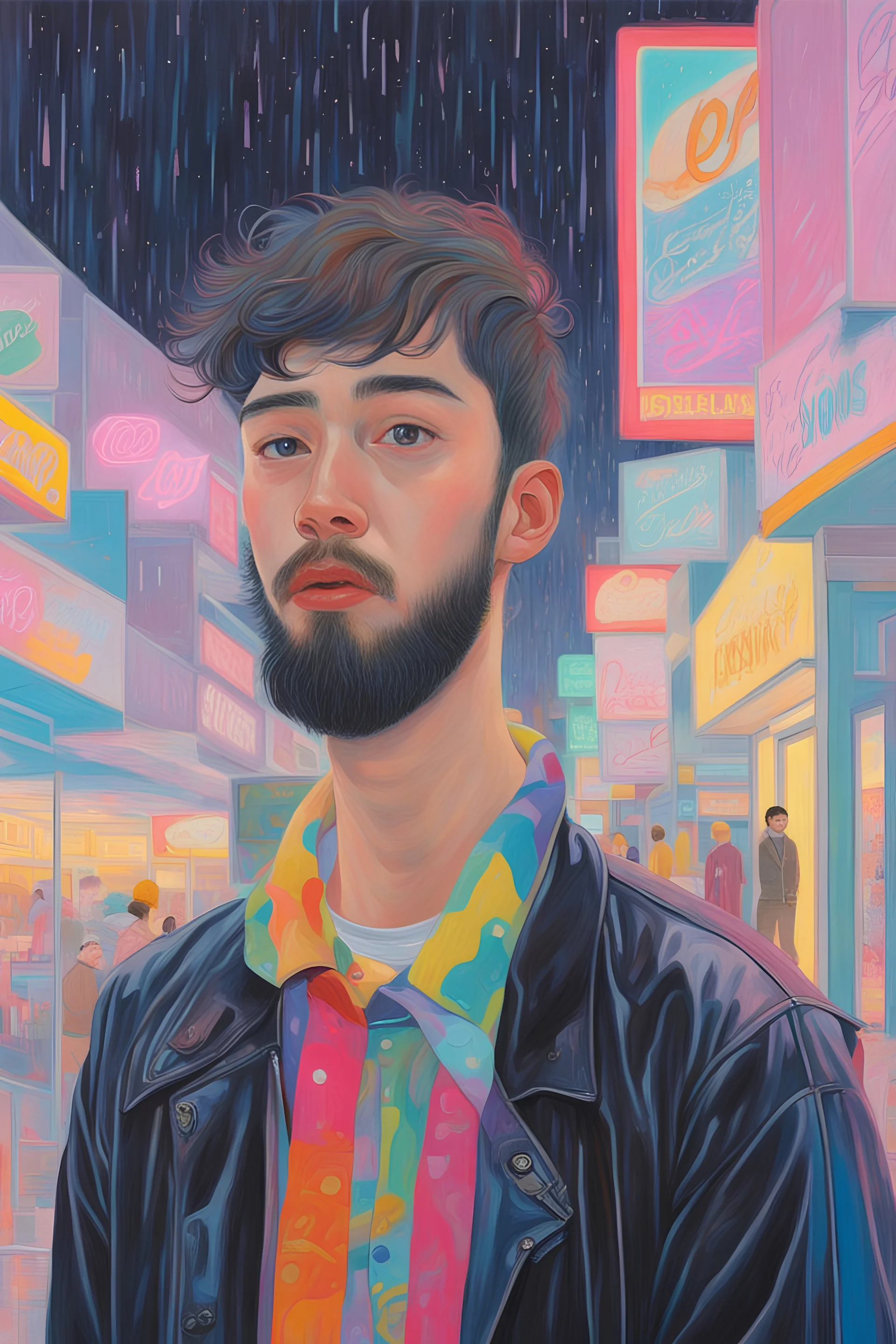 Naomi Okubo oil painting a dreaming young beard punk guy looks shops in the pop '80s in Mall neon lights during rainy day