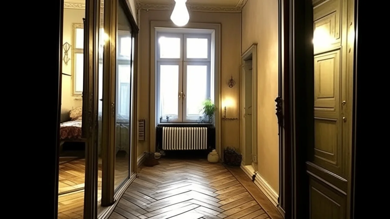 The house comes out of the window, thrown by the lamp and the mirrors line the floor