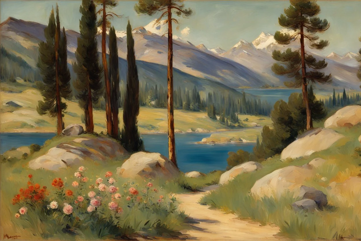 Sunny day, pine trees, mountains, prairie, flowers, lake, rocks, spring, edouard manet impressionism painting