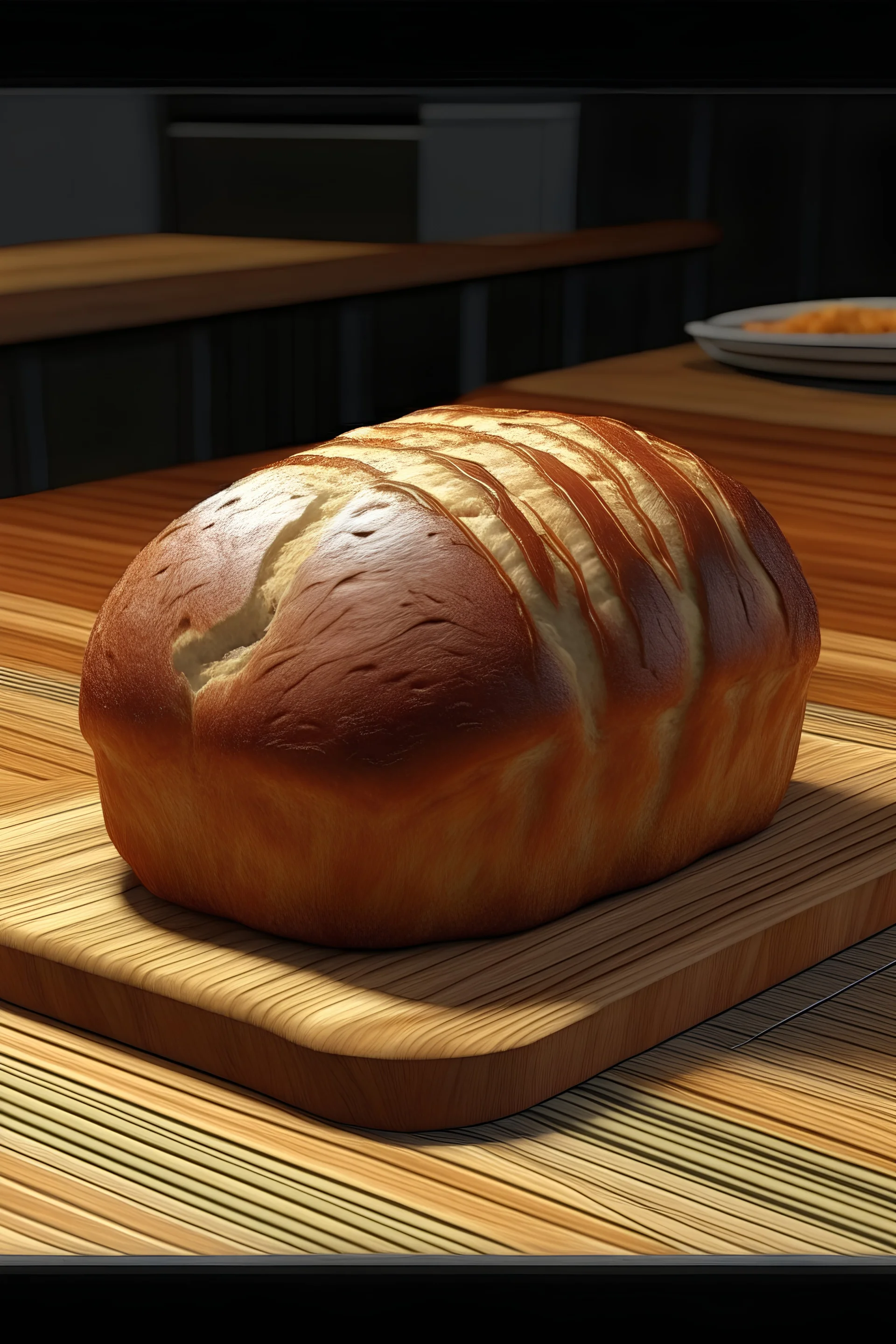 a loaf of bread sitting on top of a wooden cutting board, inspired by Dave Arredondo, relish, food blog, salt and pepper hair, inspired by Charles Fremont Conner, staggered depth, round hood, inspired by Alton Tobey, trending on bbwchan, medium poly