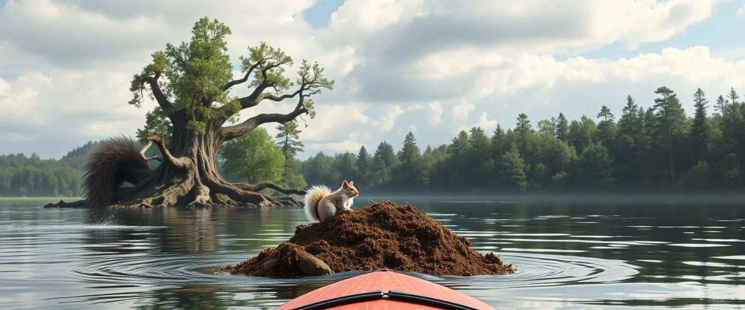 Finn's paddling like crazy, I'm laughing so hard I'm paddling backwards We arrive at Squirrel Island – Bigalow leaps out, does a victory dance, and then... Starts digging like a maniac near the base of the oldest oak tree Finn whispers to me: "Think he knows the acorns are guarded by Squirrelzilla..." Suddenly, a fierce chattering noise echoes – A GIANT SQUIRREL EMERGES ON WATER SKIES, EYES FIXED ON BIGALOW!