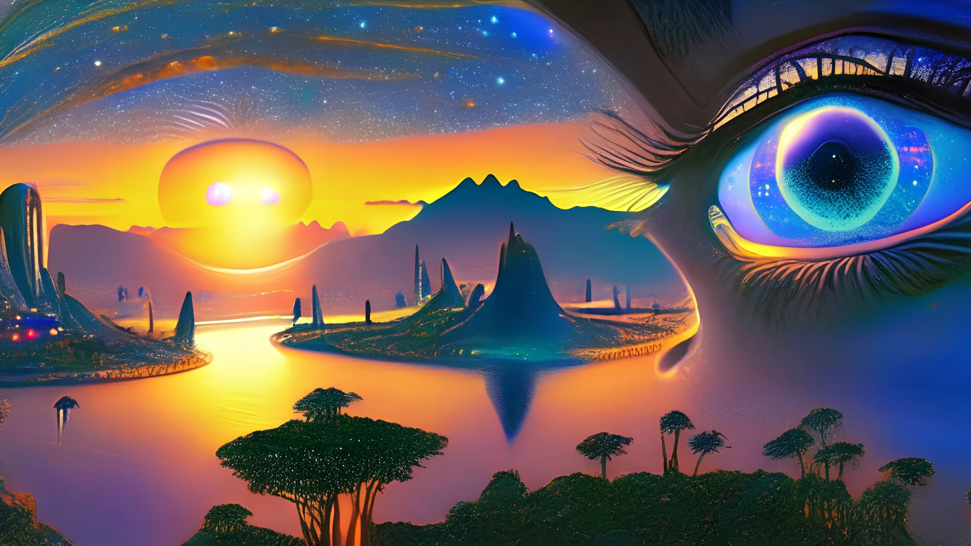 closeup shot of eyes. scientific research teams of explorers discovering a new horizon. overtly homoerotic. under the Milky Way. noticeable glowing orbs mysteriously floating high above. in the style of vintage popular mechanics how it works pictorial. scifi utopian cityscape rising above horizon. all-encompassing surrealistic jungle landscape including photo real view of amazon river at sunset. full moon above.