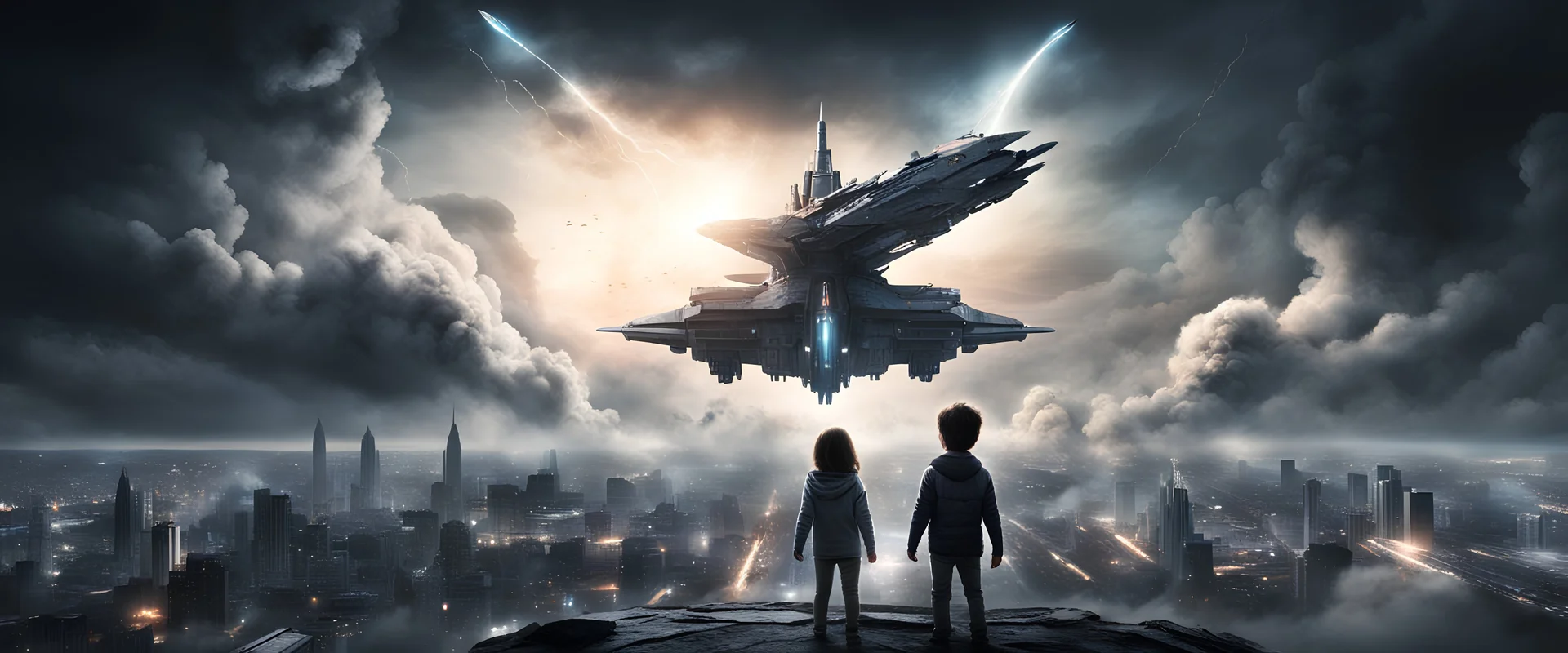 photorealistic. its a dark night. 1 father 1 six years old child holding hands as they watch. A hightech arrow-shaped space battleship is emerging from the clouds and hovers 400 metres above a city. explosions are visible on the ground.