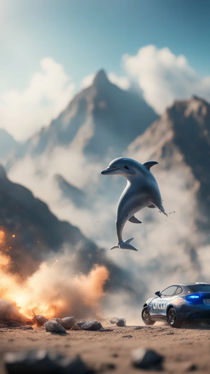 mountains, dolphin police stunt man explosion and fall, smoke and blitz, bokeh like f/0.8, tilt-shift lens 8k, high detail, smooth render, down-light, unreal engine, prize winning