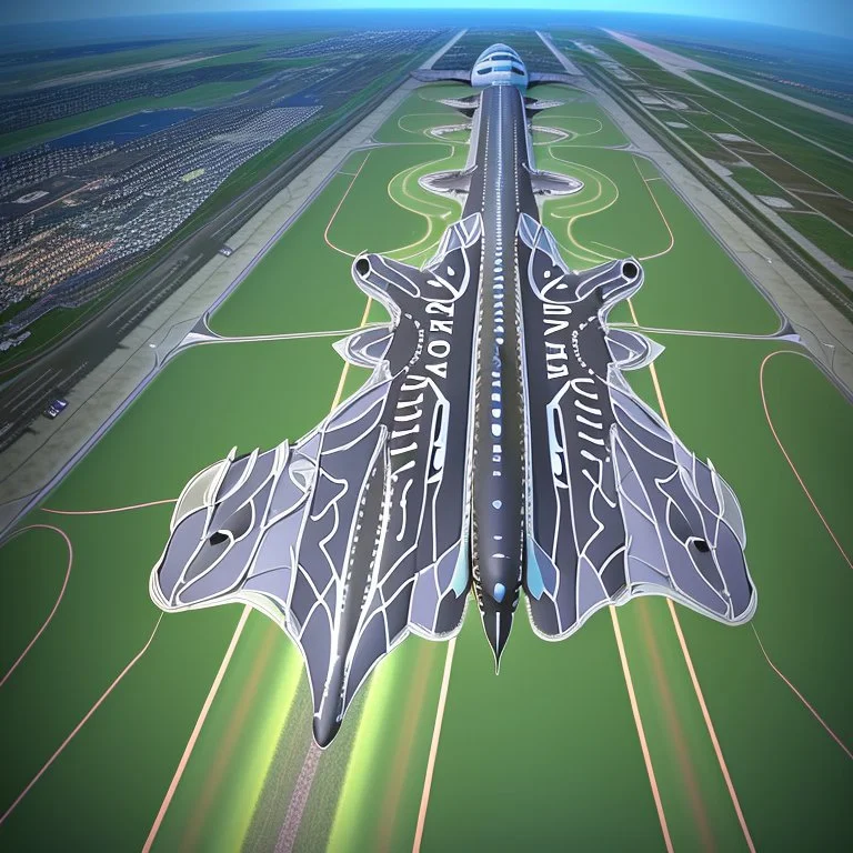 Vista aérea simétrica de un aeropuerto en forma de mariposa, espectacular, impactante, calidad ultra, maximalista, 8k 3D