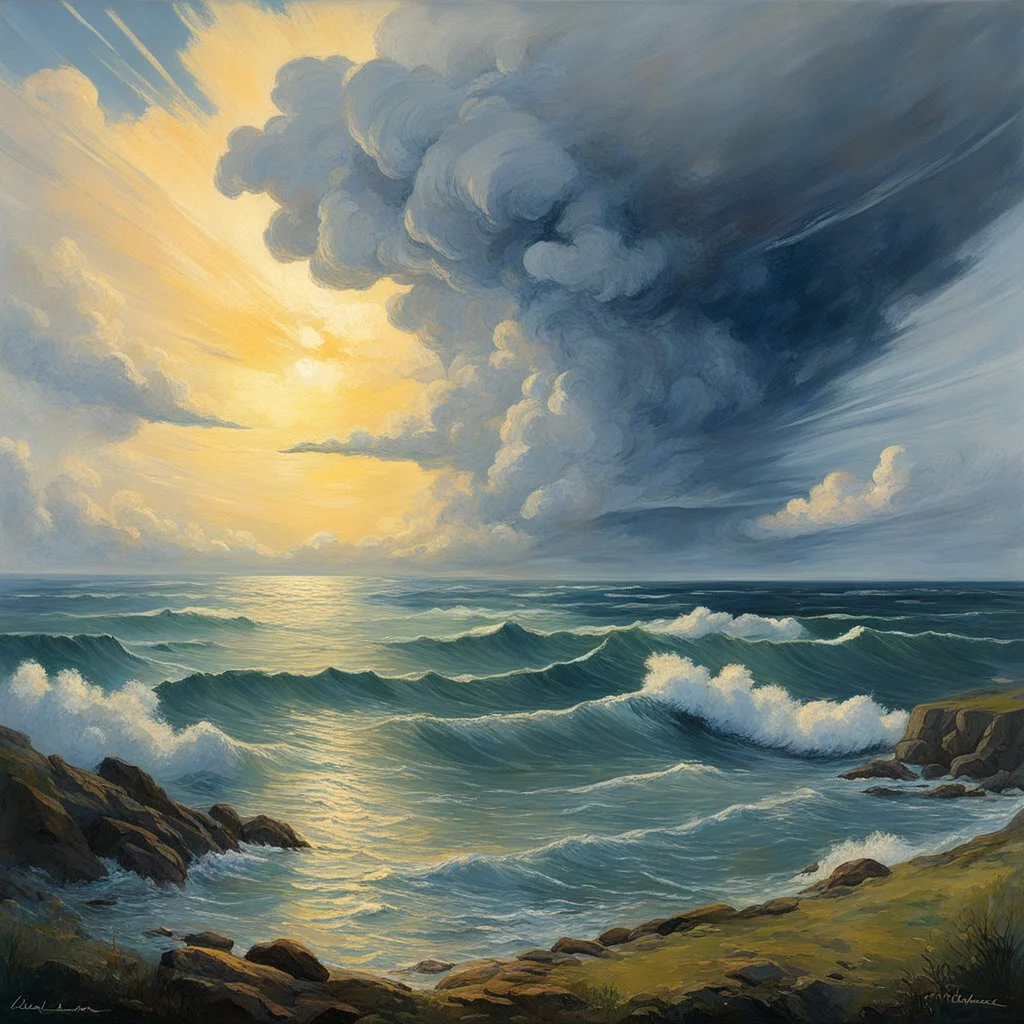 A beautiful August day in 1913, with a depression over the Atlantic moving east towards a high-pressure system over Russia. Isotherms and isotheres are in place, with normal atmospheric conditions and predictable astronomical events. Vapor tension is at its maximum, and relative humidity is low. This scene is rendered in a classic, highly detailed oil painting style, reminiscent of the Dutch Masters like Jan van Goyen and Jacob van Ruisdael, capturing the serenity of a perfect summer day with s