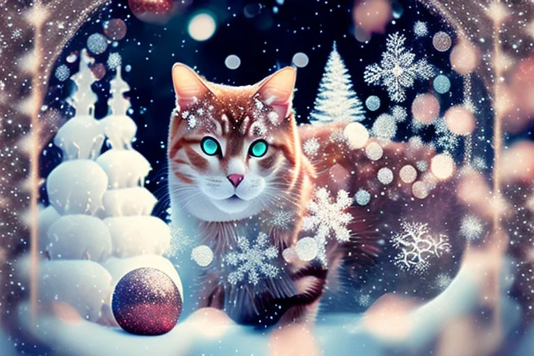 Double exposure, merged layers, Christmas fantasy, cat Christmas ornaments, gifts, double exposure, snowfall, heart, snowflakes, icy snowflakes, burlap, gems and sparkling glitter, sunshine