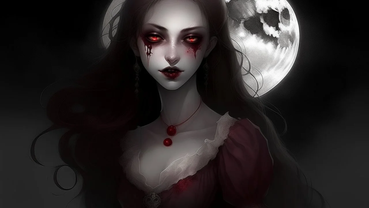 In the pallid moonlight, a peculiar girl appears - a vampire, her skin a haunting shade of spectral grey, as if she herself were wrought from the lonely heart of a forsaken moon. Cruel rubies are set into her eyes, glowing with ominous liveliness against her lifeless pallor. Blood, a sinister accompaniment to her form, the colour of garnet, seems to drip off her like a macabre jewel, casting a chilling aura of dangerous enchantment about her.