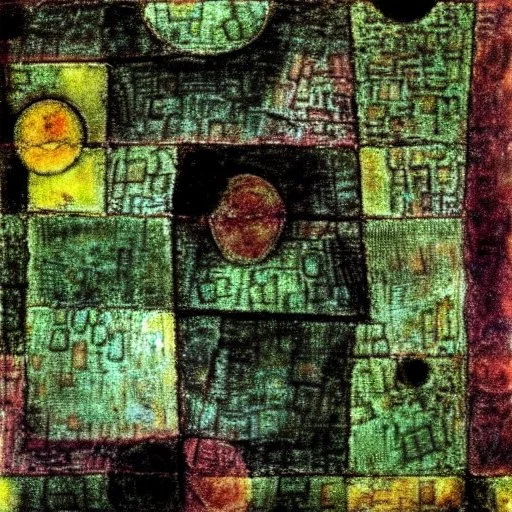 Patchwork pandemonium, portrait in plutonium, patina of ancient stone with moss, art brut, moody, somber, desaturated colors, in the style of Paul Klee, Arthur Rackham