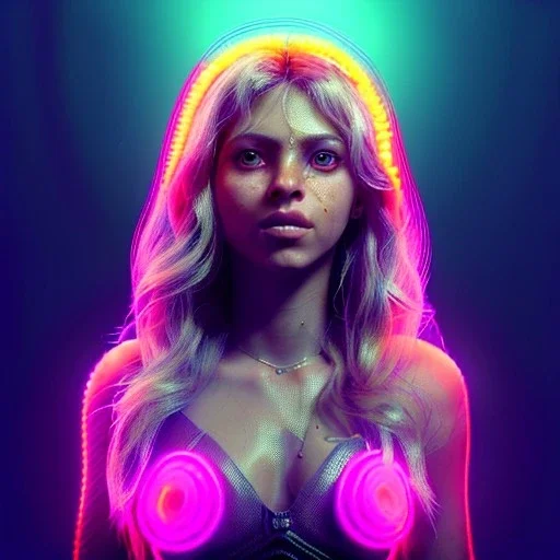 Shakira, artist, 30 years old, Realistic image, waist up portrait, etro style dress. Blonde, feathers, loose long hair, eyes make up, perfect, glow, circle iris. Neon colors, leds, geometric shapes. Dark background, photo studio, neon lights. Cyberpunk, concept art, smooth, unreal engine 5, god lights, ray tracing, RTX, lumen lighting, ultra detail, volumetric lighting, 3d, finely drawn, high definition, 4k.