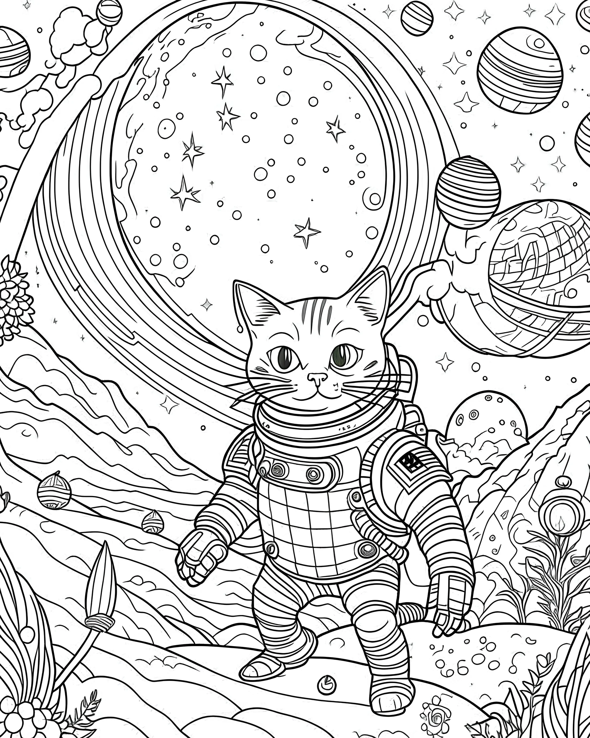 A space adventure with cat astronauts exploring distant planets, coloring book