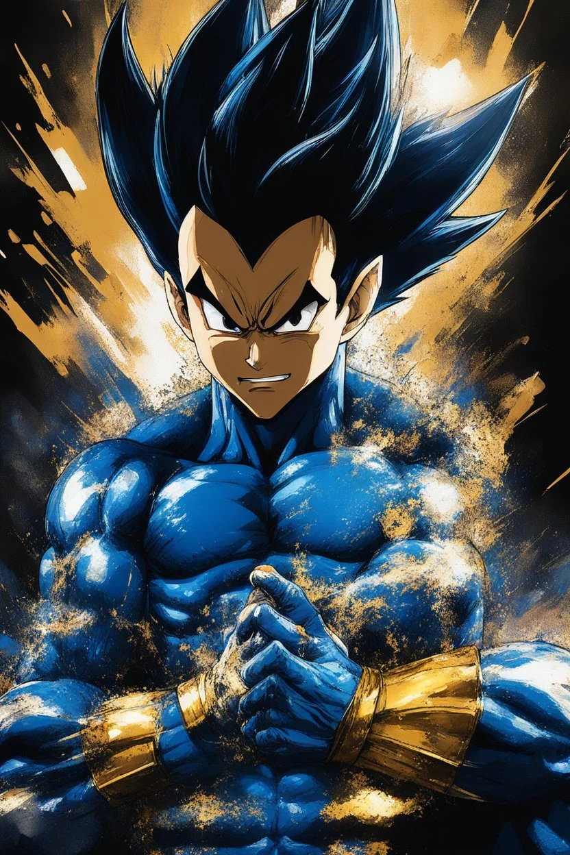Poster in two gradually, a one side the vegeta face, another side "goku face", midle faces, sit pose, painting by Yoji Shinkawa, darkblue and GOLD tones,sinister, detailed iridescent, metallic, translucent, dramatic lighting, hyper futuristic, digital art, shot with Sony Alpha a9 Il and Sony FE 200-600mm f/5.6-6.3 G OSS lens, natural light, hyper realistic photograph, ultra detailed -ar 3:2 -q 2 -s 750,malevolent goth vampire girl face and other side