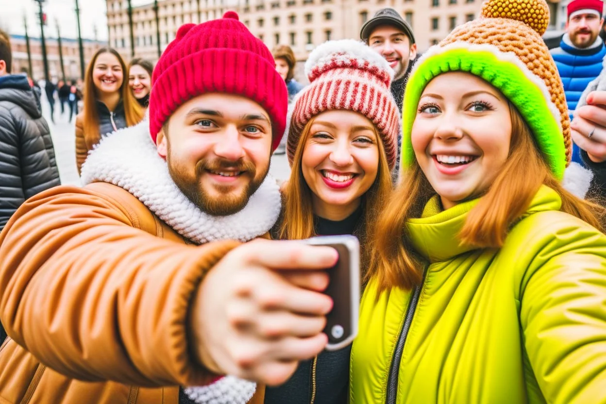 people getting a selfie with the christmas "gingerbread man"