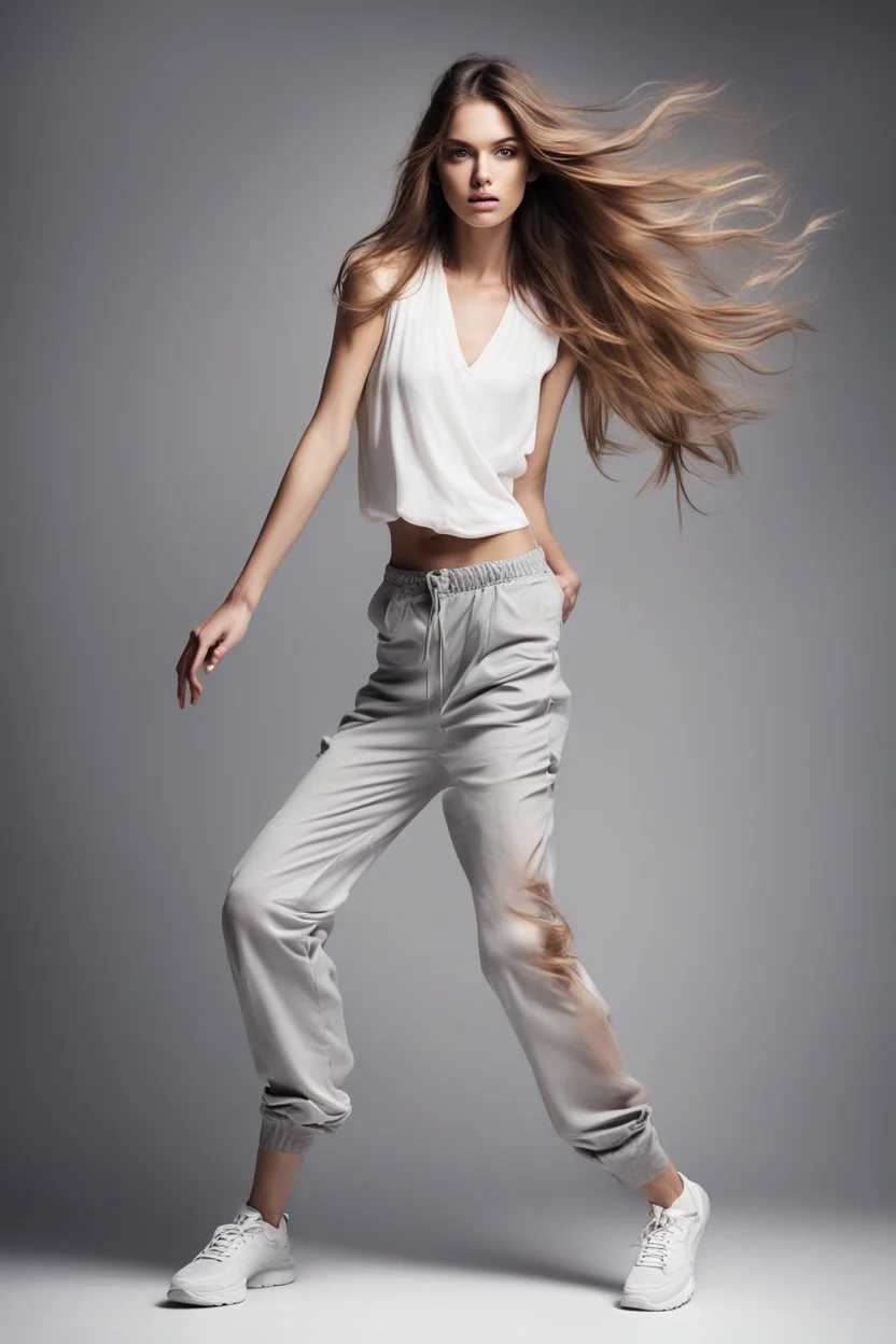 full body portrait of a girl fashion model flowing hair,pretty pants and top, perfect face,sport shoes, photo studio lights