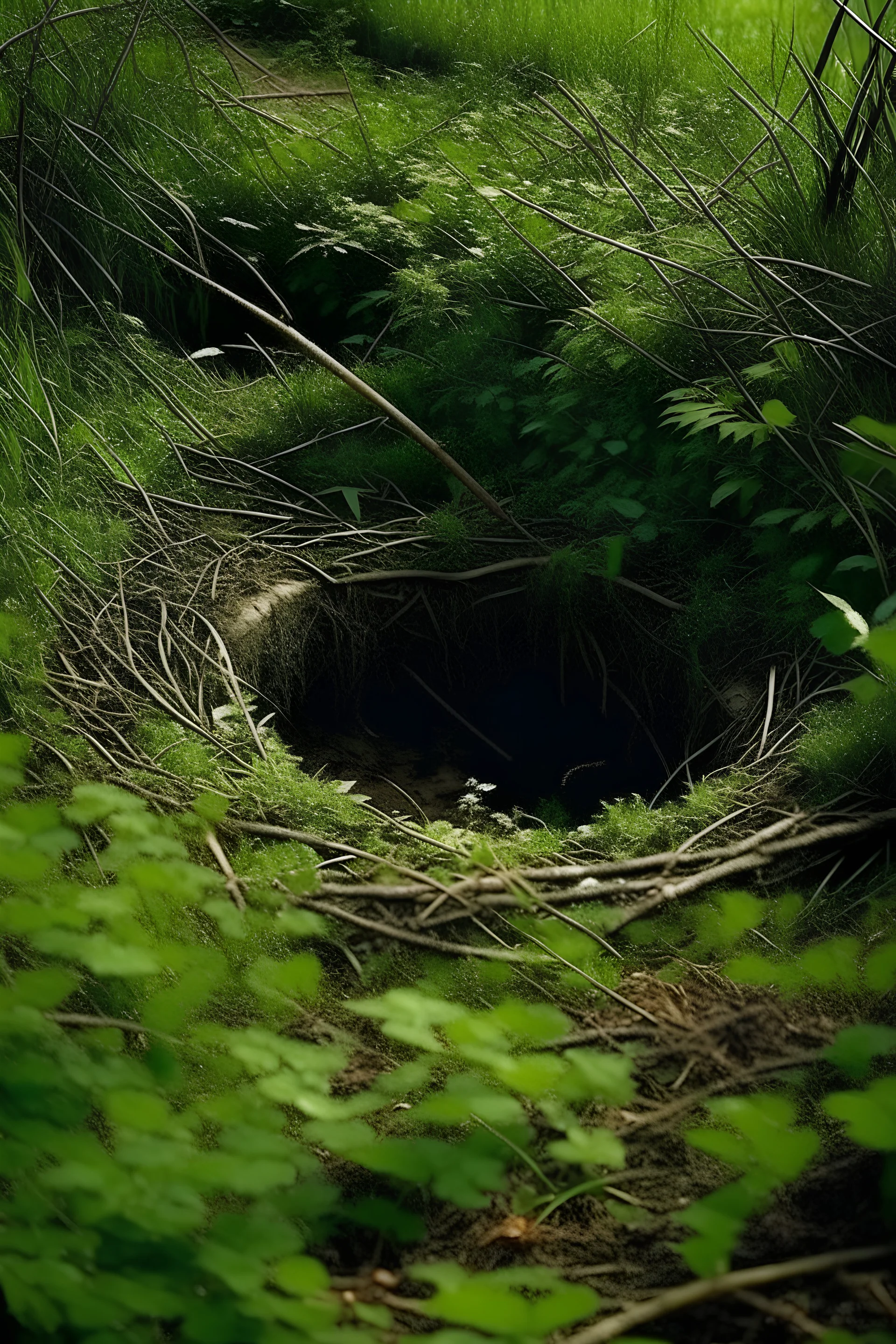 hidden trap, hole in the ground covered with branches and grass