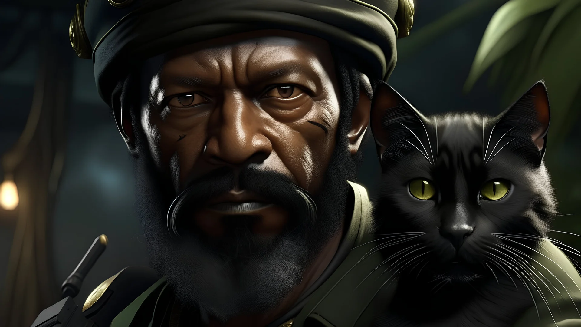 a Black man as an conquistador with the long mustache and a goatee in rambo gear with a black cat as a soldier in combat, high definition , 8k, realism