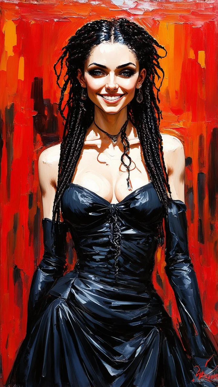 highly detailed, full body oil painting, petite, shyly smiling, goth woman of Spanish and Lebanese heritage with long dark braided hair, sharply defined angular facial features, anatomic perfection, by Andrea Kowch> <Yoji Shinkawa><Arthur Rackham> <Jean-Giraud Moebius, saturated vibrant natural color tones, precisely drawn and inked, 8k resolution