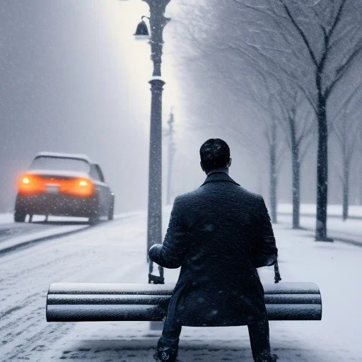 man sitting on a park bench wearing a trench coat, streets of new york covered in snow, dramatic, dramatic lighting, volumetric lighting, hyperrealism, 8k, high quality, photorealistic, lot of details