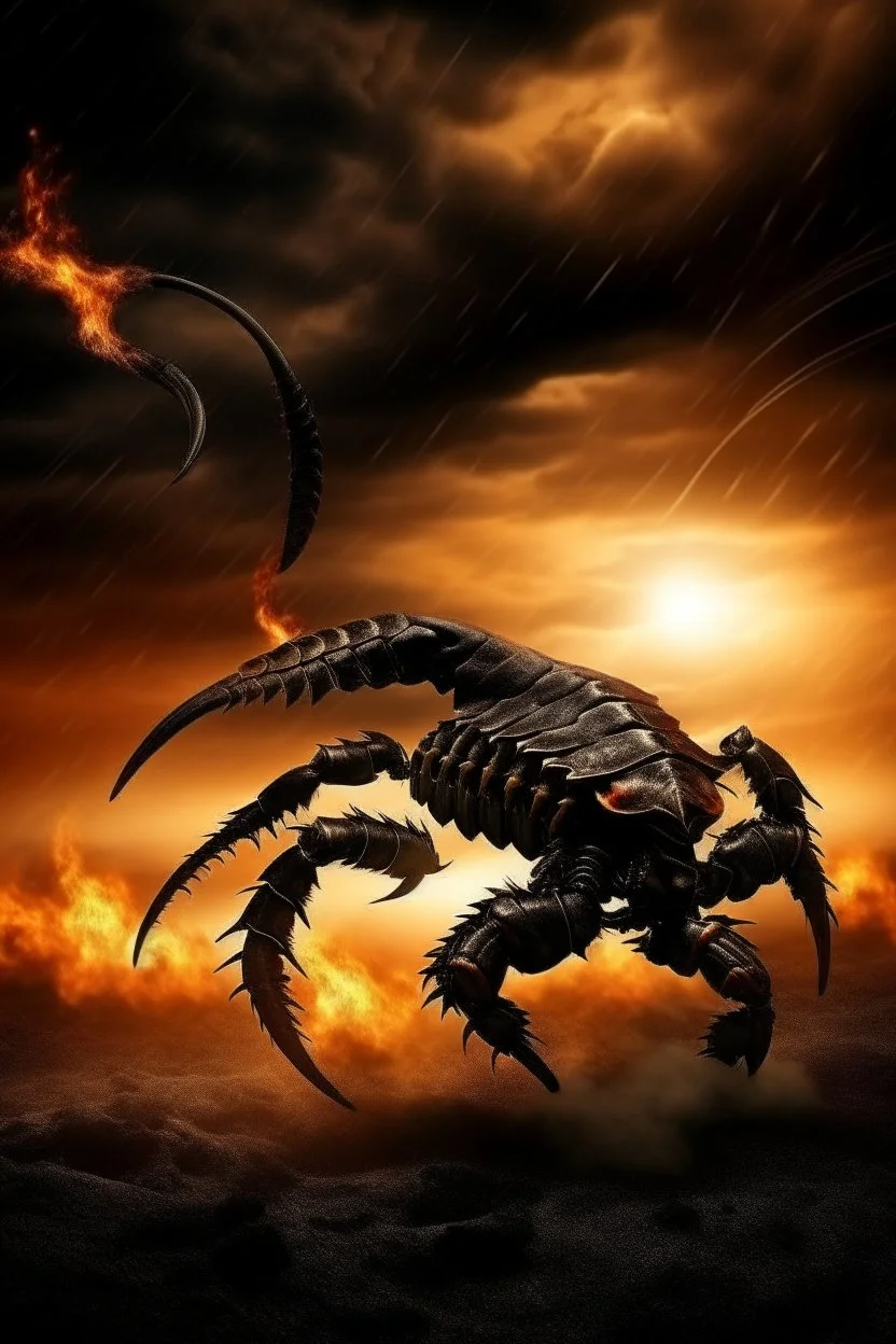 Black Scorpio Scorpion surrounded by fire. Tail curled up behind his back ready to strike under a storming sky with lightening striking around it