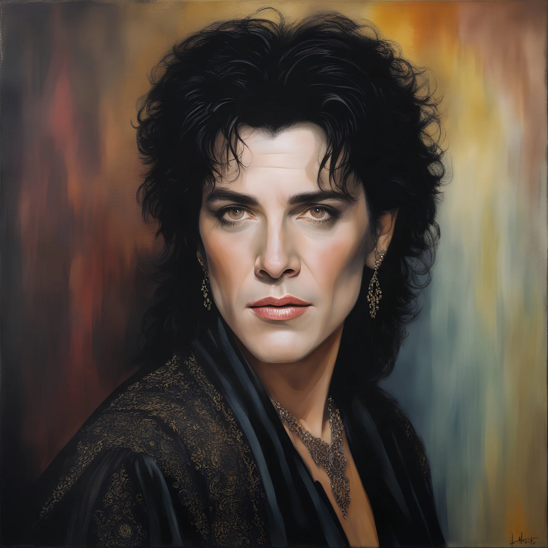 facial portrait, Paul Stanley/Ray Stevenson/Elvis Presley/Thomas Jane/Dolph Lundgren/Jon Bernthal/Jeffery Dean Morgan as a beautiful black-haired female vampire, dark, multicolored watercolor stained wall in the background, oil painting in the art style of Gilbert Stuart, 32k UHD, Hyper realistic, photorealistic, realistic, sharp, highly detailed, professional quality, beautiful, awesome, majestic, superb, trending on artstation