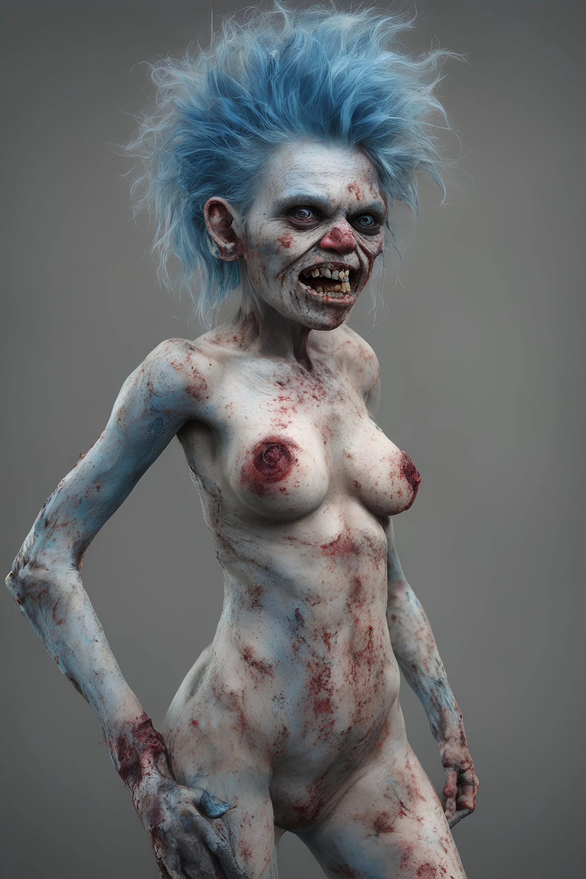 an ugly deformed abomination of an extremely anorexic fat girl with an amputated arm and an amputated leg and really funky blue hair, she looks like a zombified corpse, 4k UHD, ultra-realistic, photorealistic, extremely detailed,