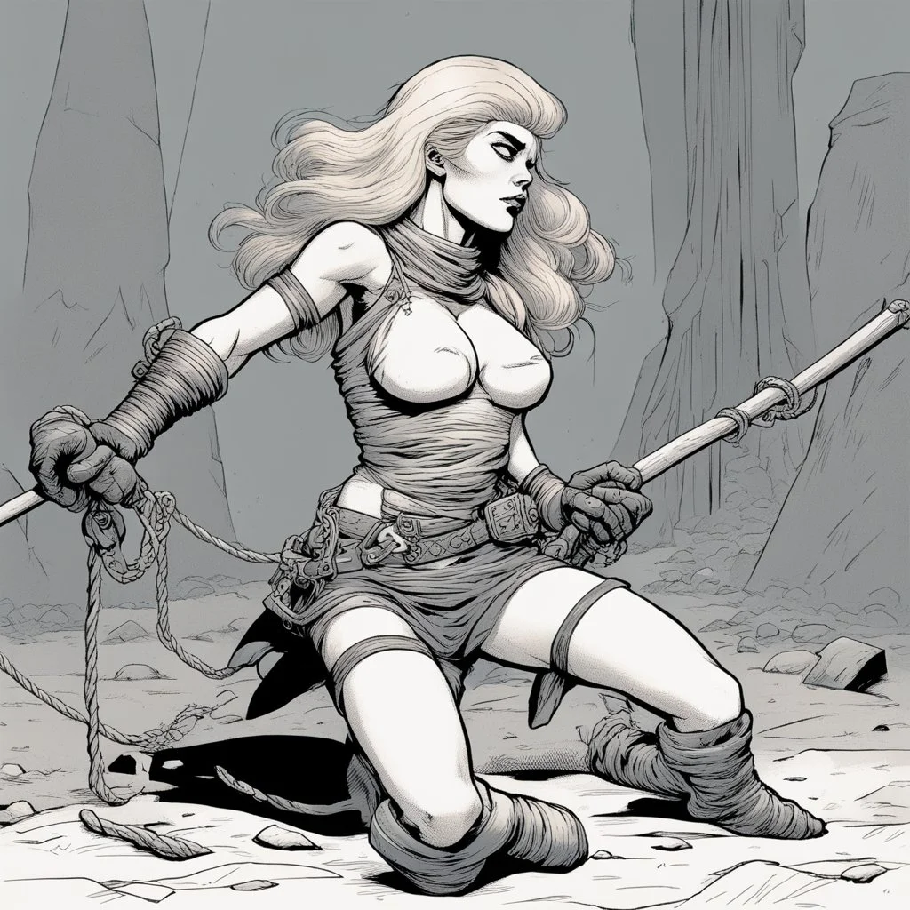 [mexican comics Head Lopper style by Andrew MacLean][Barbarella] After a few seconds of struggling she quickly tired and dropped to her knees, at this point the ropes constricting her neck only tightened as she desperately tried to grip them with her gloves to no avail. She slumped backwards resting on top of the enemy soldier and started writhing helplessly with the ropes seeming to tighten again. After a few more seconds she lost conciseness. When she awoke she found she'd been stripped & tied