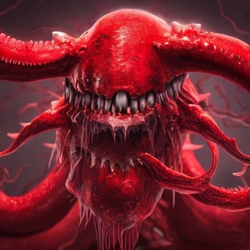 red, tentacles, eyes, teeth, monster, horror, blood, huge, scary, hyperrealism, gore, masterpiece, expert, volumetric lighting, deformed, sharp focus, 8K,