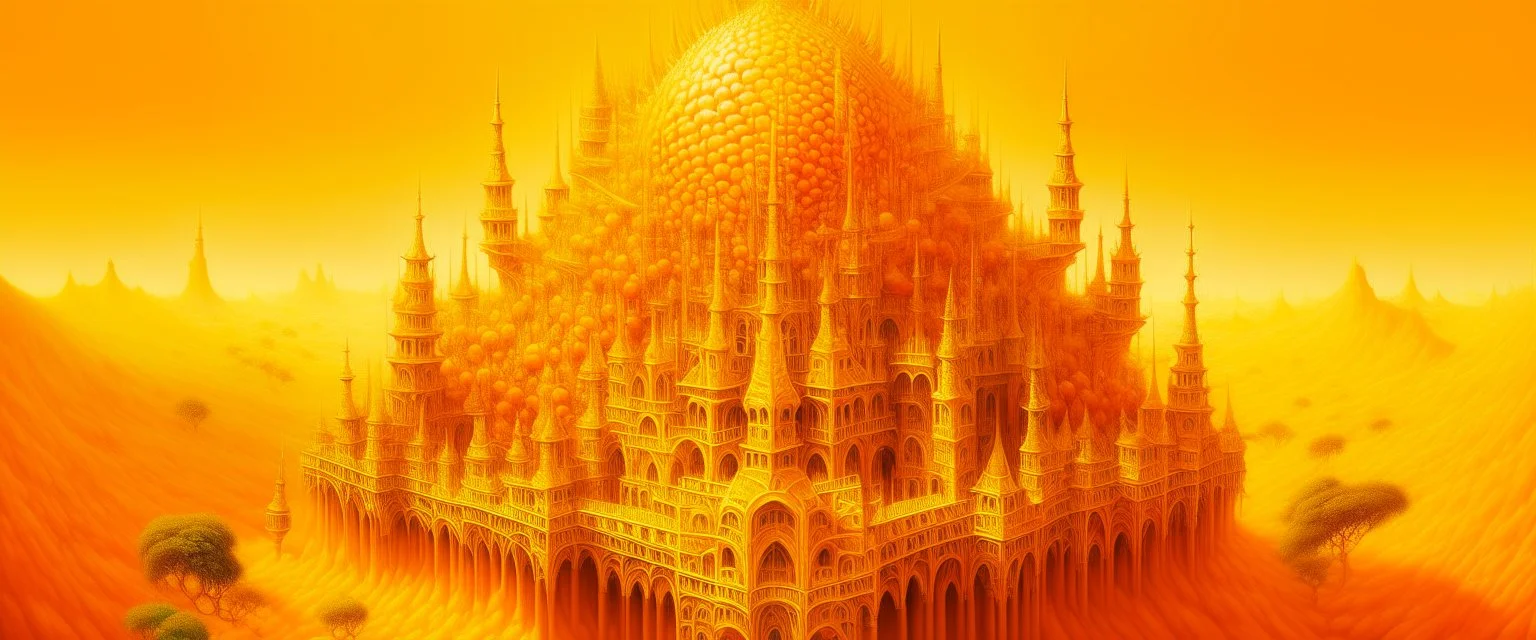 A golden orange colored citadel covered in spikes painted by Qiu Ying