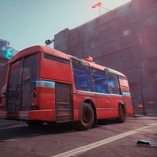 Man, futuristic bus, blue and sky lighting, guns, wearing red armor, unreal engine 5 --v 4