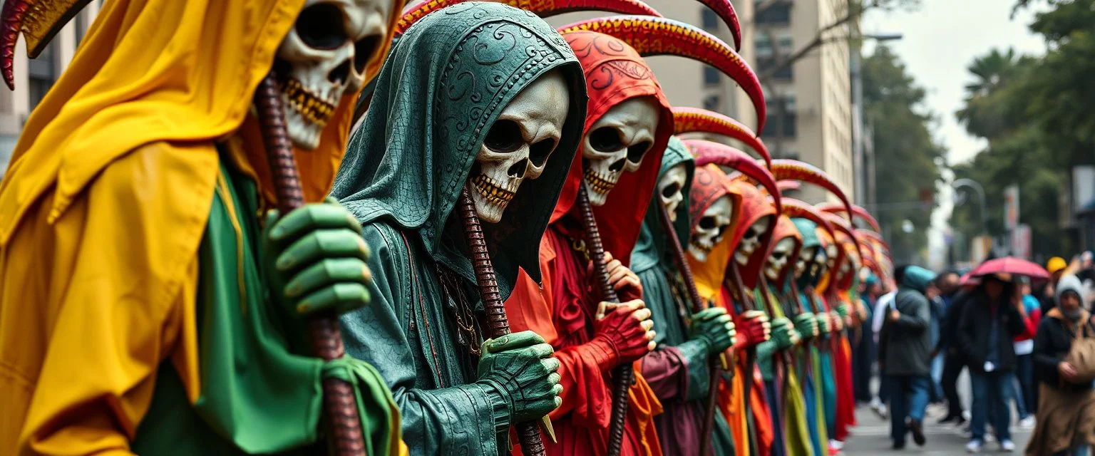 multi colored, bright, vivid, psychedelic, high detailed, high gloss, insanely detailed, matte, horrorcore, lining the street, unsettling contrast, monument to death, live action shot grim reaper parade