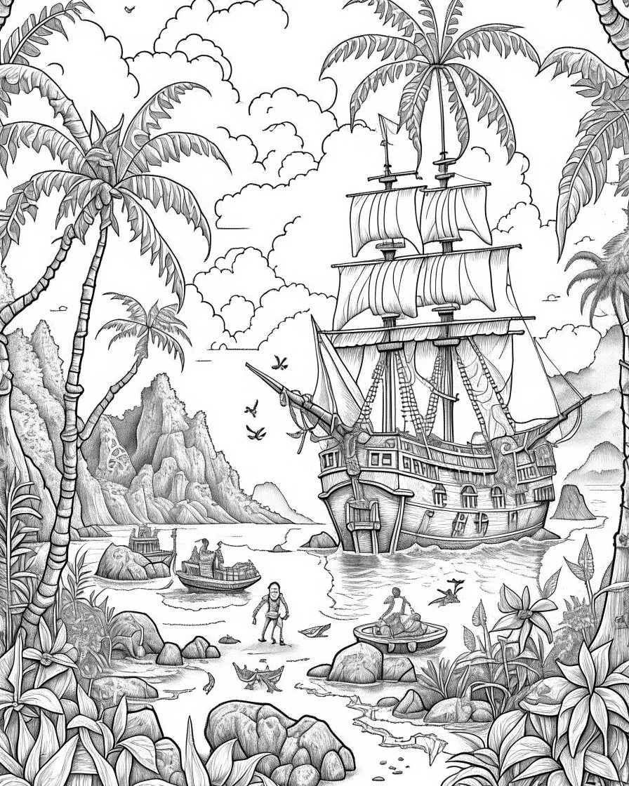 Pirates of the Caribbean: Skull Island Jungle Exploration Coloring Page: Create an intricate coloring page capturing the essence of Skull Island's dense jungle from the Pirates of the Caribbean movie. Depict towering trees, winding hidden paths, and exotic wild animals awaiting vibrant interpretations. Integrate iconic elements like the Black Pearl sailing on the horizon or discreetly placed treasure chests, inviting enthusiasts to bring this adventurous scene to life with their black and white