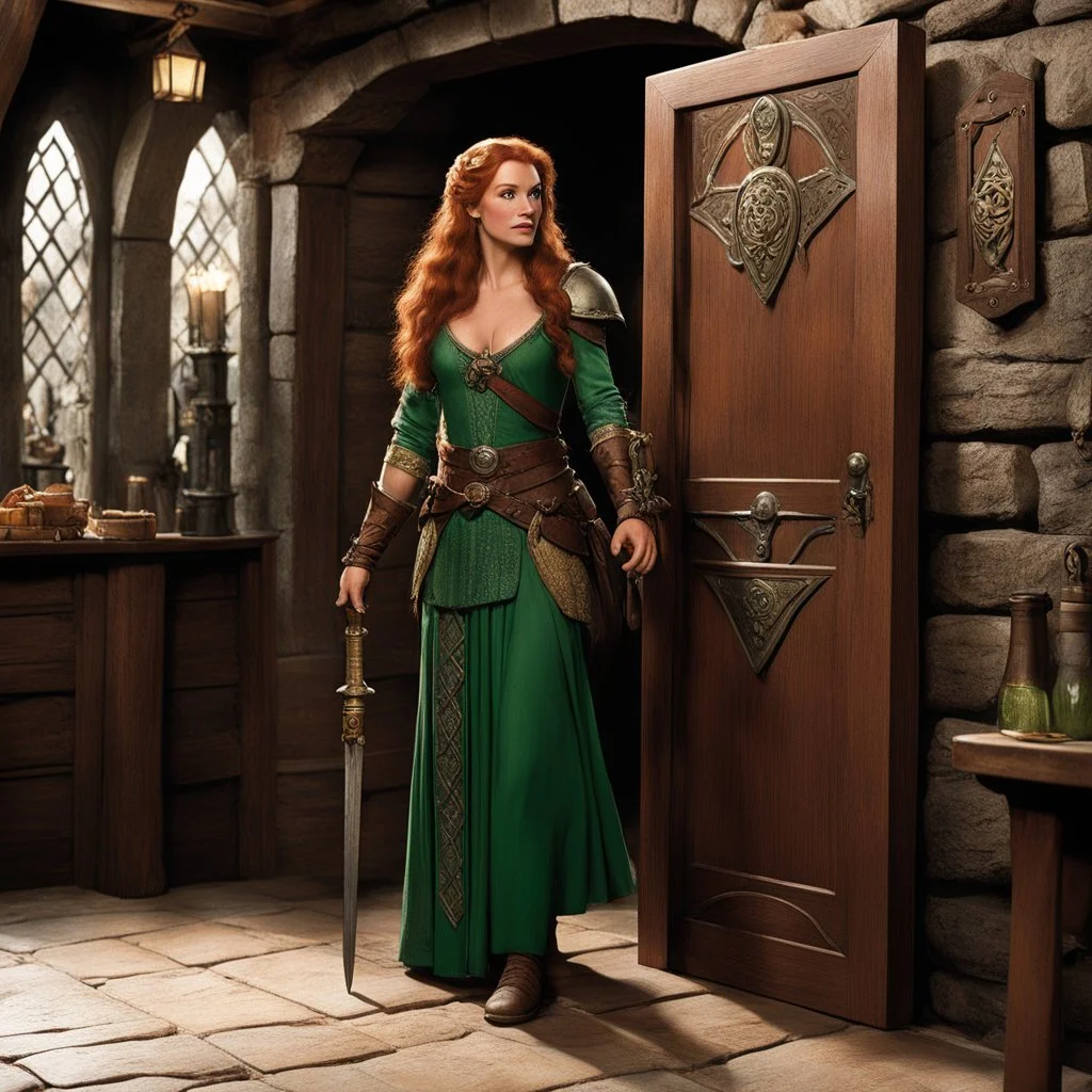 [high res photo by Ray Harryhausen, in the room of a tavern of middle earth] Minutes pass, and you hear footsteps approaching. The door creaks open, a woman enters. She's tall and statuesque, with long auburn hair and piercing green eyes. Her fine clothes mark her as a woman of means, and her demeanor suggests a mix of nervousness and intense desire.