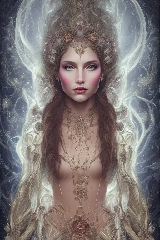 Create an image of a Wiccan Mayday Goddess. The goddess should be depicted as a beautiful and powerful figure, surrounded by symbols of the element of fire. Her hair should be long and flowing, and she should be dressed in a flowing gown or robe. In the background, include imagery of flowers, greenery, and perhaps a bonfire or other symbols of the Beltane celebration. The image should evoke a sense of joy, celebration, and spiritual connection to nature.