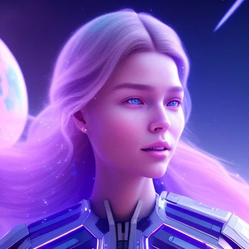 A portrait of a transparent crystalline girl,smiling, longs blond hairs, galactic dress, atmospheric, realistic, cinematic lighting, octane render, purple and blue sky, nebula, stars, planets in background, spaceship in background