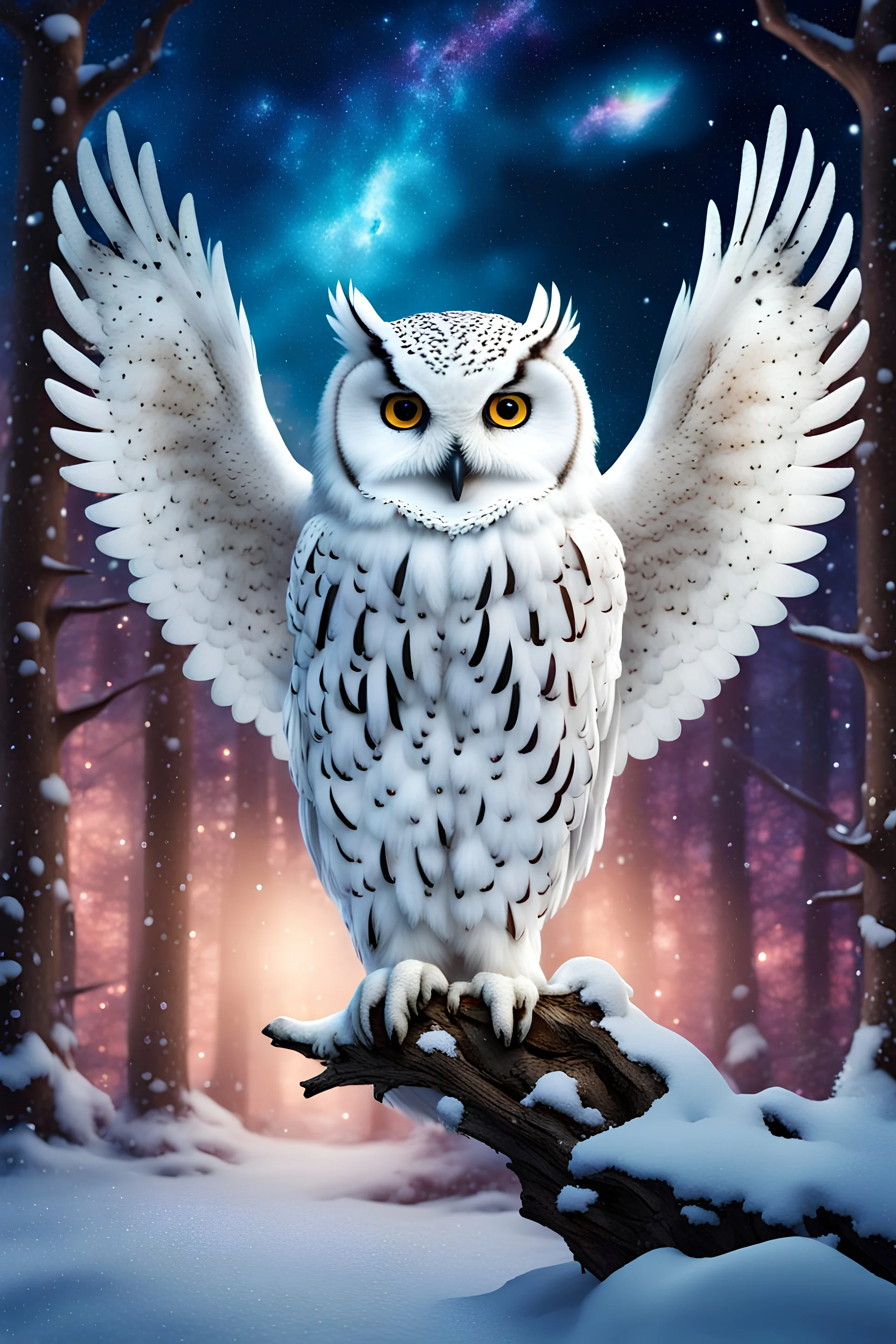 Beautiful snow owl in a magical forest with magical cosmic sky.