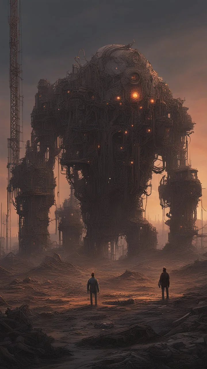 imon Stålenhag Influence: In a post-apocalyptic landscape, a giant, biomechanical creature stands amidst the ruins, its intricate circuits glowing against the twilight, a group of survivors observing in awe and fear from a safe distance.