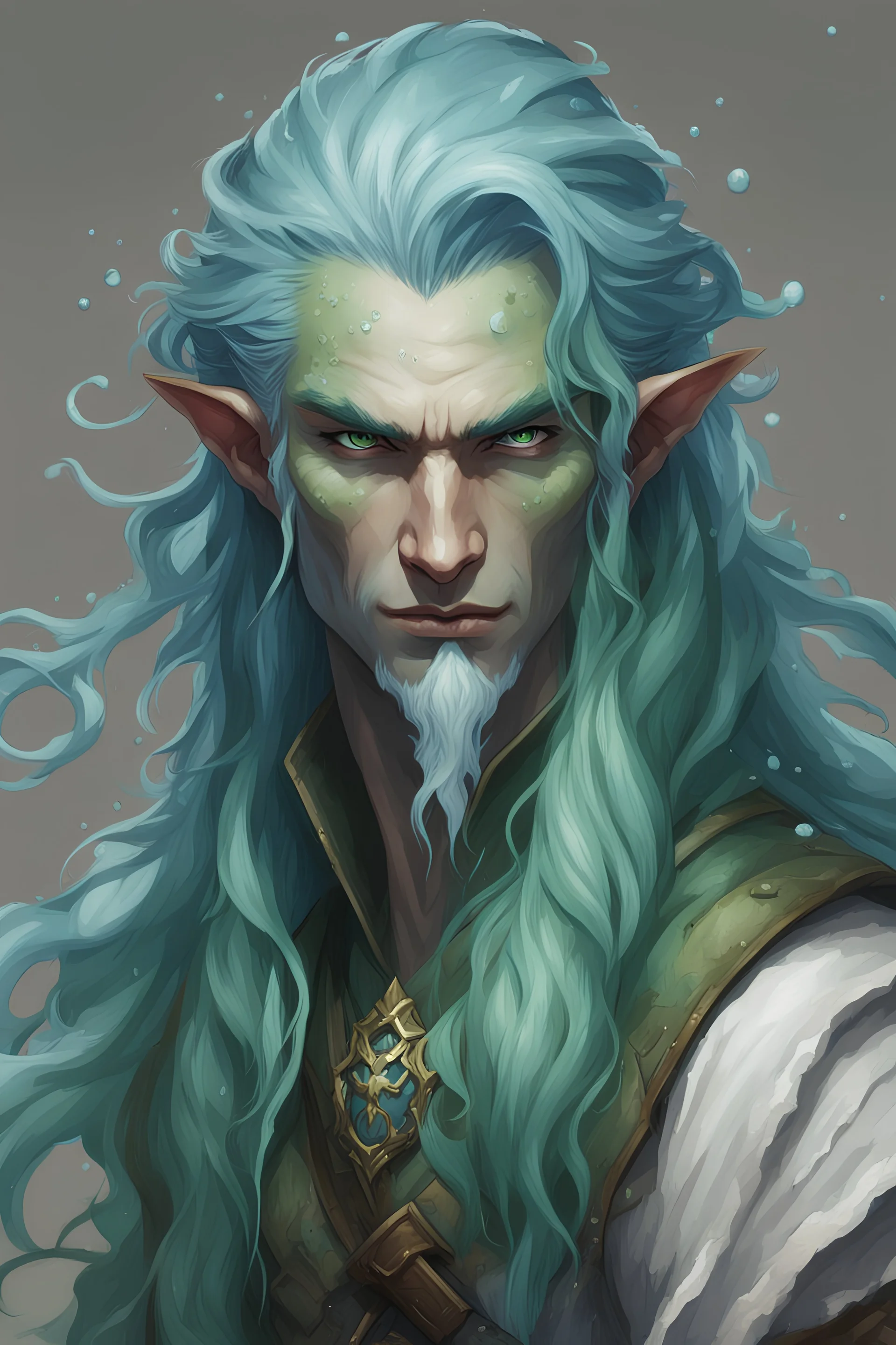 old Water genasi D&D male green long hair